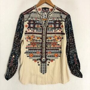 John Mark Peasant Top Women L Embroidered Roll Sleeve Floral Boho Festival Tunic